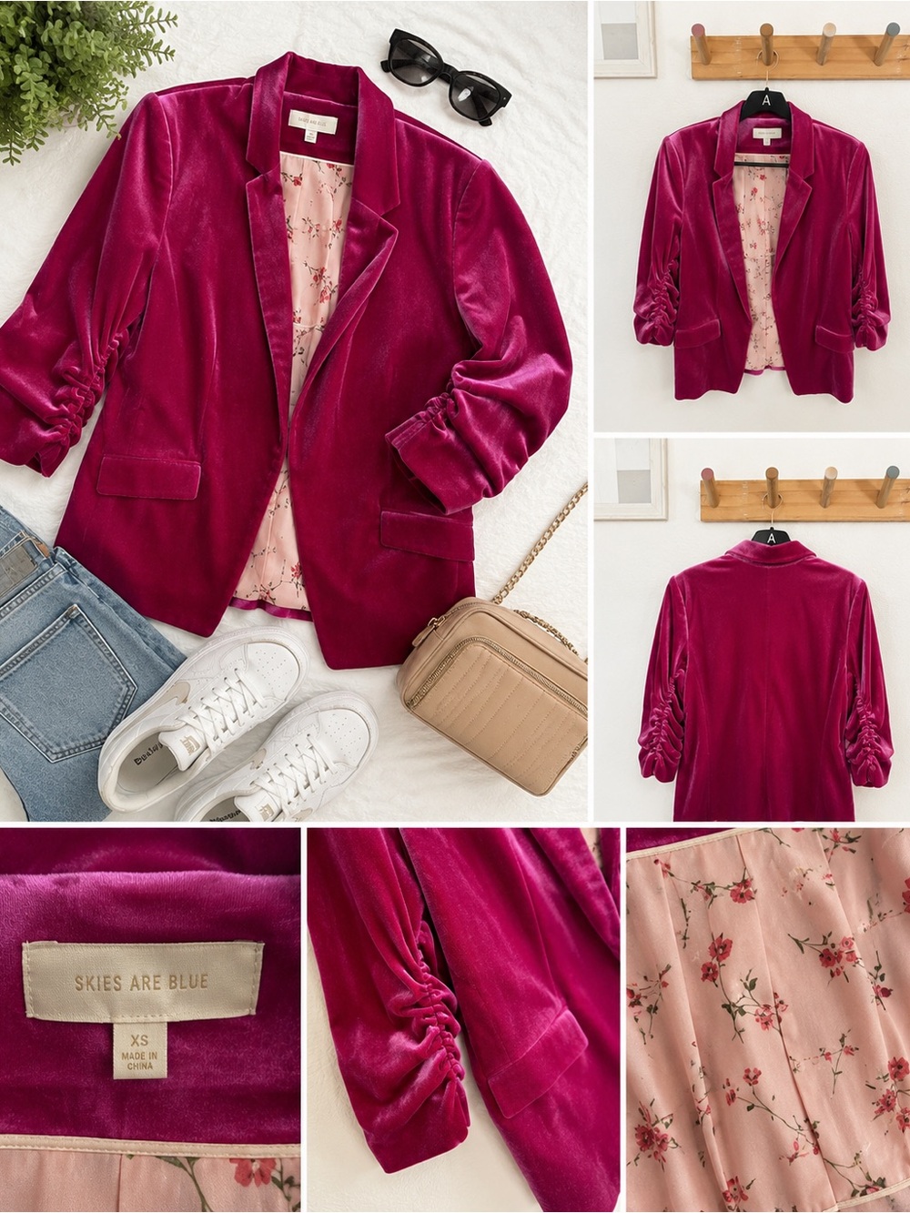 Skies Are Blue Hot Pink Velvet Blazer XS | Ruched Sleeve Open Front
